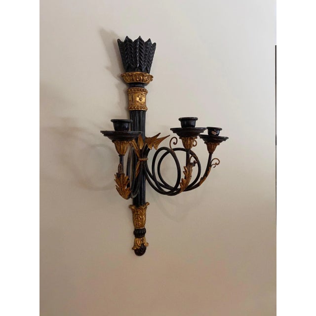 Hollywood Regency Vintage Gilt and Black 3 Taper Wall Sconce For Sale - Image 3 of 10