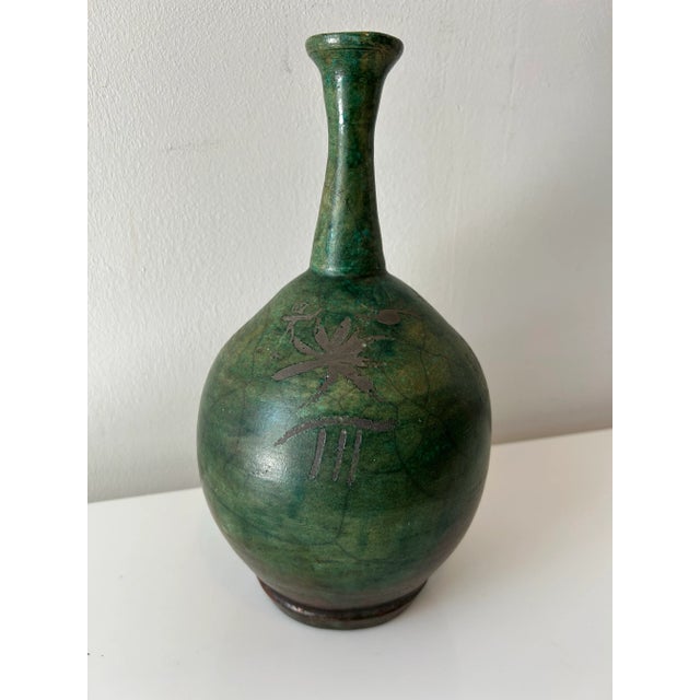 Contemporary Suontouping Green & Bronze Glaze Raku Vessel With Symbols, Signed and Numbered For Sale - Image 3 of 12