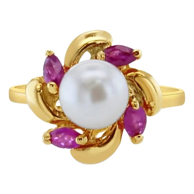 Pearl Center with Marquise Ruby Accent Ring 14k Yellow Gold, Size 7.5 For Sale