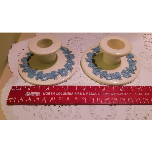 Wedgwood Wedgwood Etruria Blue on Cream Queensware Candle Holders, Barlaston Embossed. Made in England. For Sale - Image 4 of 8