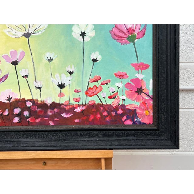 2020s Colourful Design Study of Wild Pink & White Flowers on a Yellow & Turquoise Background, 2023 For Sale - Image 5 of 12