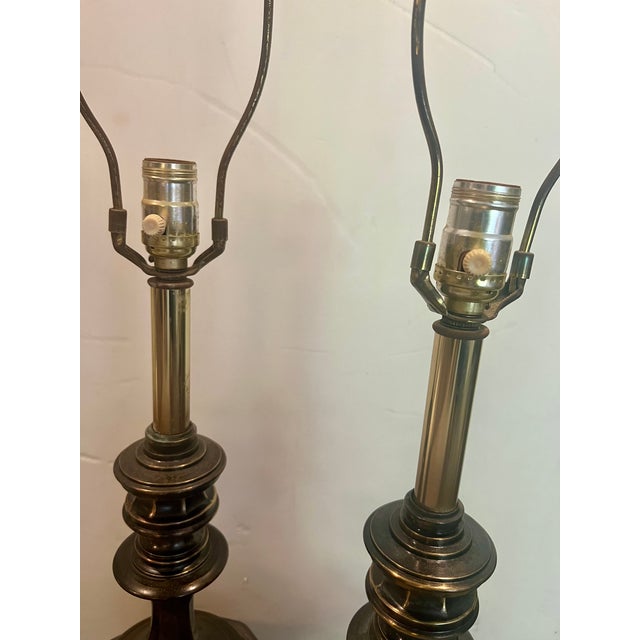 Mid 20th Century Large Brass Table Lamps With Deep Patina - a Pair For Sale - Image 9 of 10