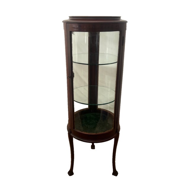 Chippendale Antique Corner China Cabinet Round Shape Curio Wavy Glass Two Shelves Mahogany For Sale - Image 3 of 15