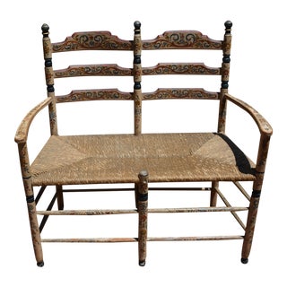 1970s Vintage Folk Art Hand Painted Wooden Bench For Sale