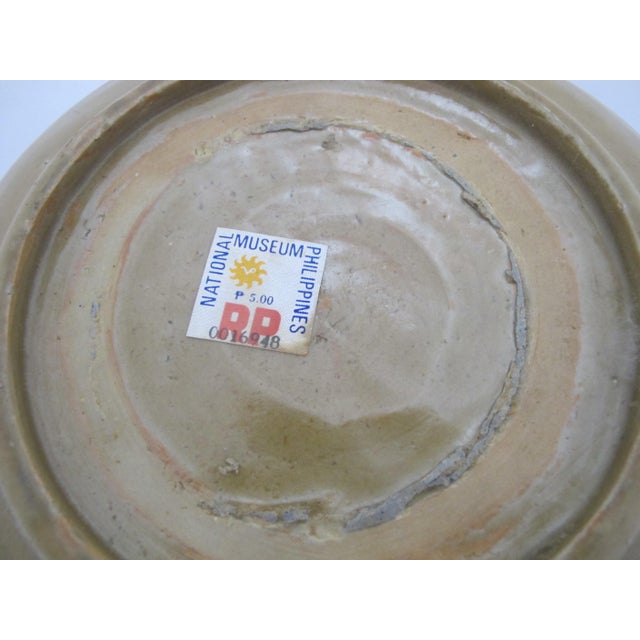 Ceramic Chinese Longquan Yuan Style Celadon Olive Green Glaze Lotus Flower Shallow Bowl For Sale - Image 7 of 8