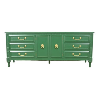French Regency Louis XVI Green Lacquered Long Dresser or Credenza by Hickory, Newly Refinished For Sale