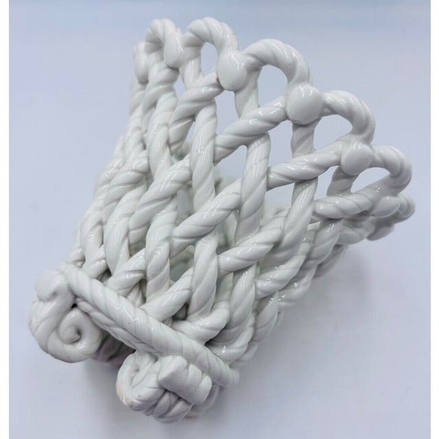 French Country French Country White Ceramic Woven Rope Cachepot Basket For Sale - Image 3 of 7