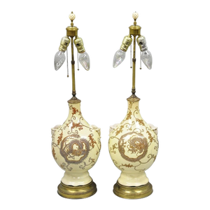 Antique Japanese Ceramic Beige Figural Dragon Vase Form Table Lamps - A Pair