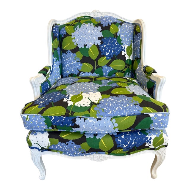Vintage Bergere Chair in Schumacher Hydrangea For Sale
