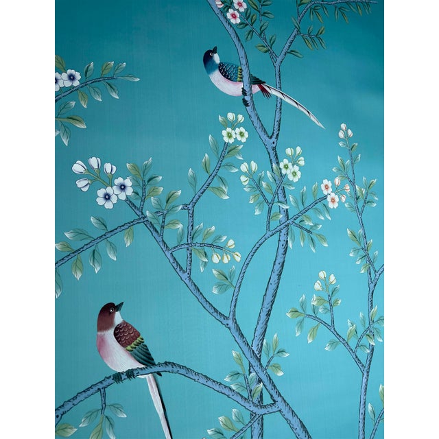 Chinoiserie Mural Chinoiserie Panels Hand Painted Wallpapers on Blue Silk Panel 4 Panels