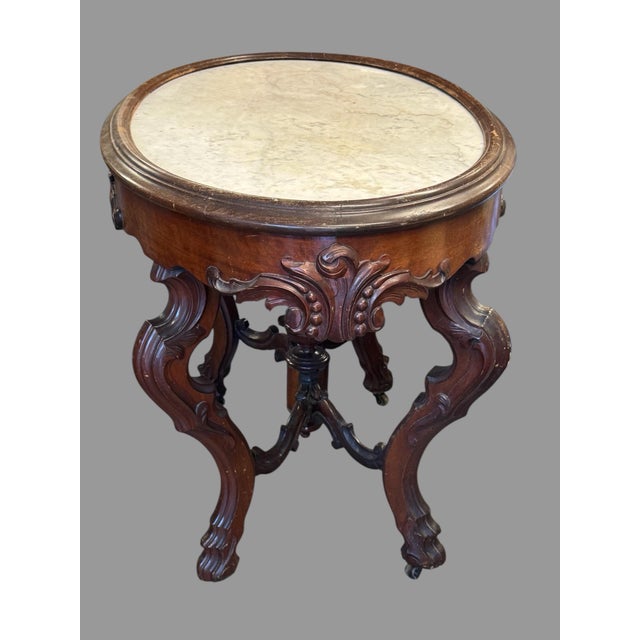 Antique Victorian Oval Inset Walnut Marble Top Parlor Center Table Stand In very good original condition showing some...