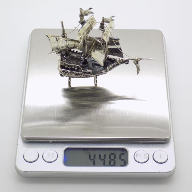 Silver Large Vintage Italian Handmade Silver Caravel Sailing Ship Figurine, Tuscany, Italy, 1980s For Sale - Image 8 of 11
