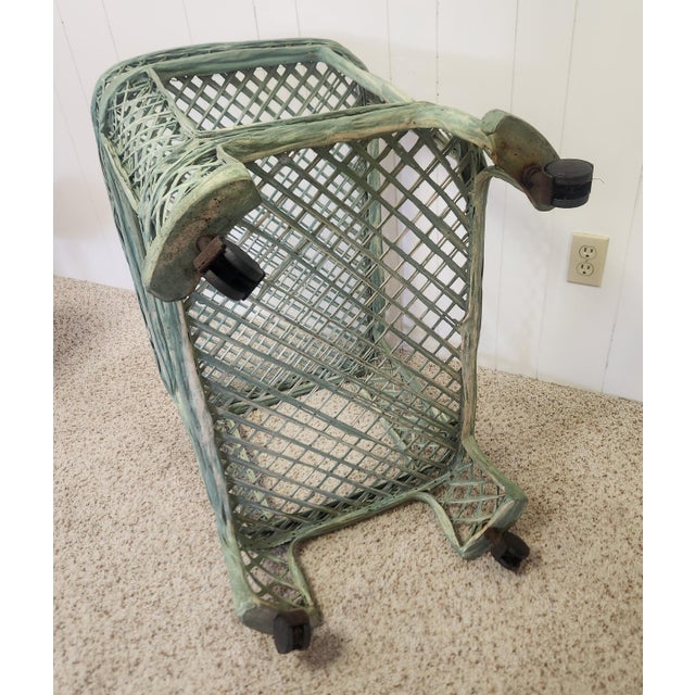 Vintage Rolling Bar Cart Green Basketweave For Sale - Image 11 of 12