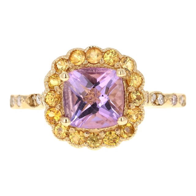1.99 Carat Cushion Cut Amethyst Diamond Sapphire Yellow Gold Ring Size 7 For Sale