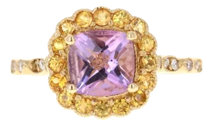 1.99 Carat Cushion Cut Amethyst Diamond Sapphire Yellow Gold Ring Size 7
