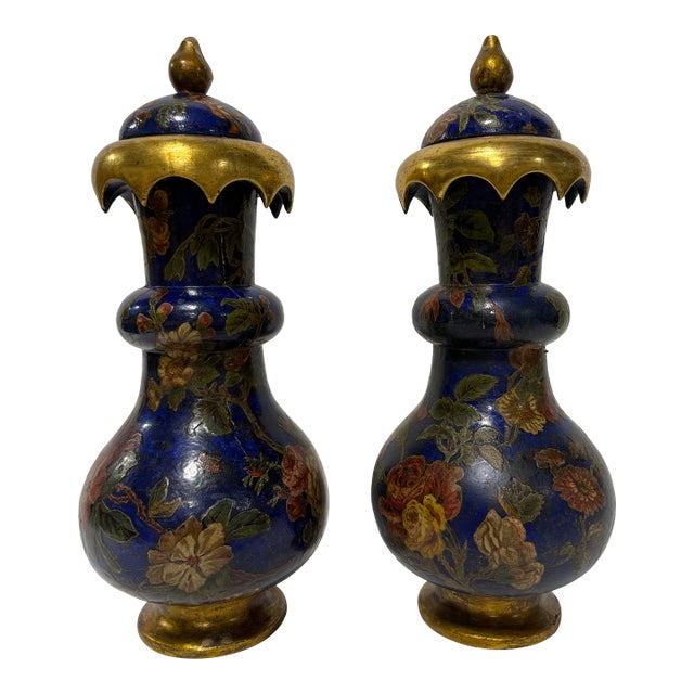 Pair, 19th Century English Brighton Pavilion Style Decoupage & Gilt Wood Vases For Sale