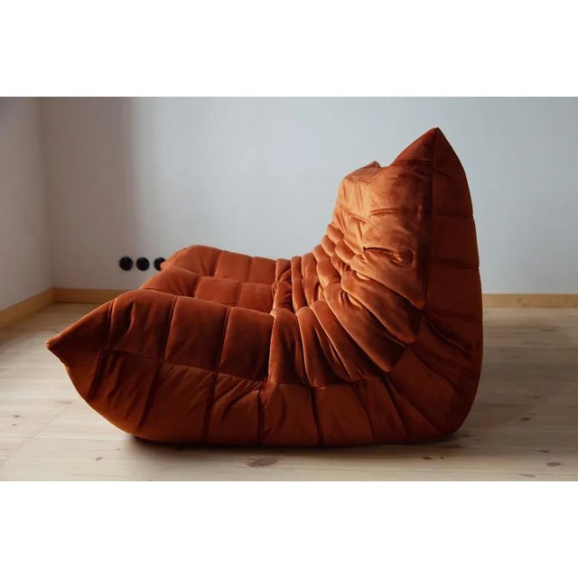 Orange Set of Amber Orange Velvet Togo Pouf and 2-Seat Sofa by Michel Ducaroy for Ligne Roset For Sale - Image 8 of 11