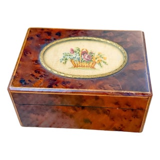 Mid Century Austrian Burlwood Box With Embroidered Insert For Sale