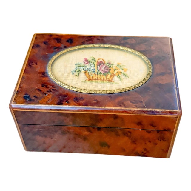 Mid Century Austrian Burlwood Box With Embroidered Insert For Sale