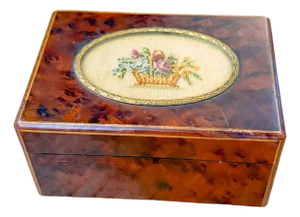 Mid Century Austrian Burlwood Box With Embroidered Insert