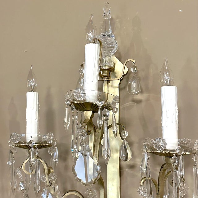 Pair of Vintage Solid Brass and Cut Crystal Wall Sconces For Sale - Image 10 of 18