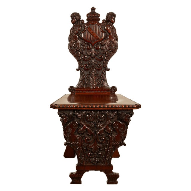Antique Carved Italian Renaissance Revival Sgabello Chair Coat of Arms & Cherubs, 1870 For Sale - Image 10 of 15