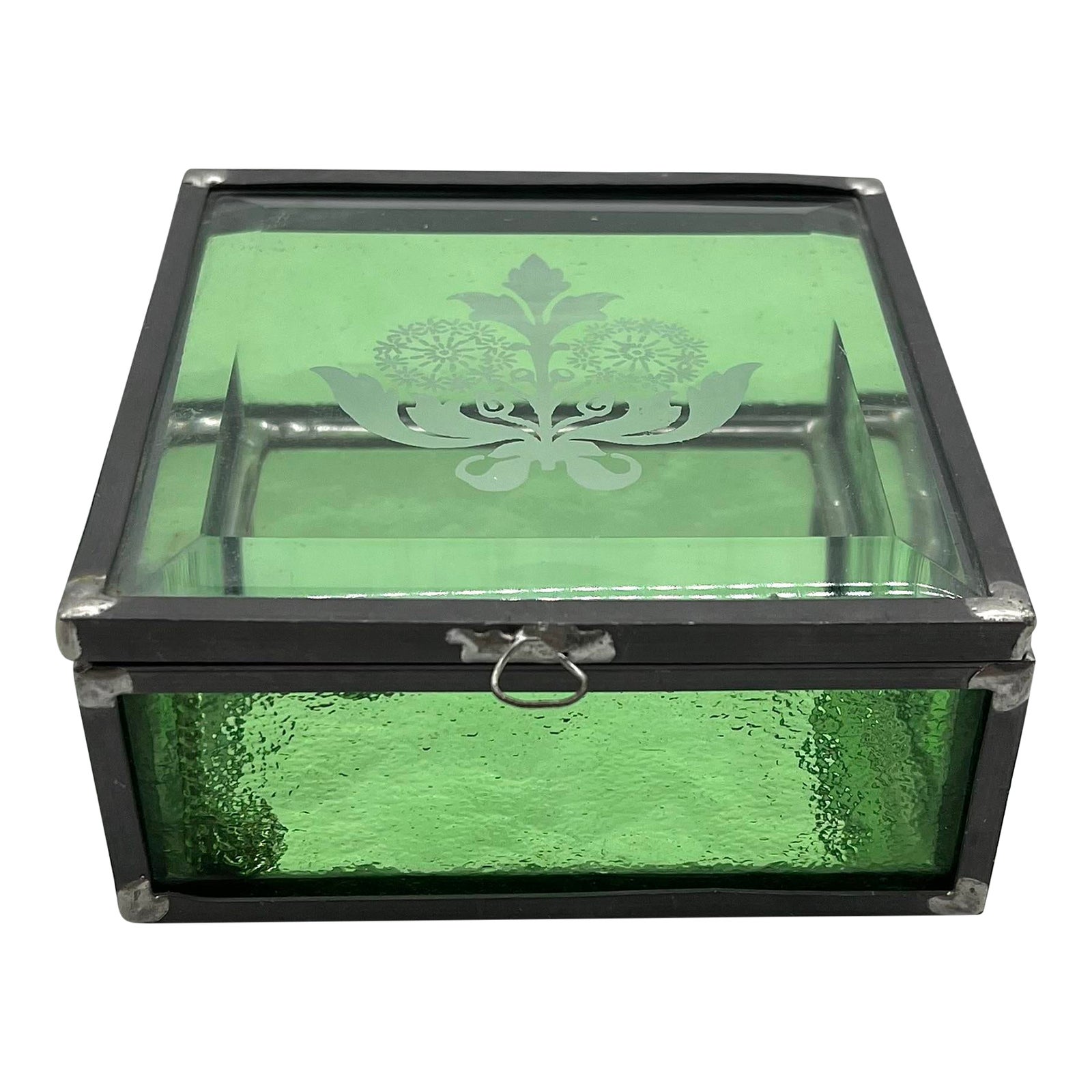 Vintage Green Etched Glass Trinket Jewelry Box Chairish