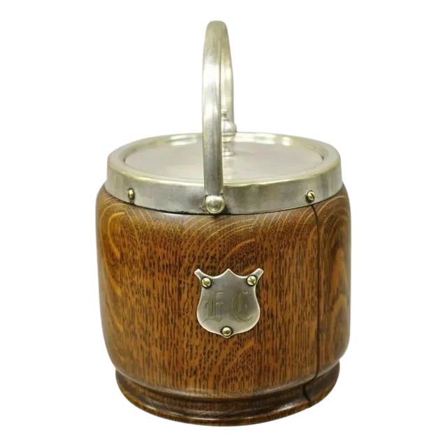 Antique H.C. & C. English Silver Plate and Oak Biscuit Barrel With Lid and Liner For Sale