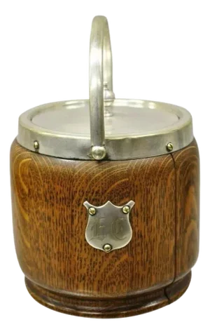 Antique H.C. & C. English Silver Plate and Oak Biscuit Barrel With Lid and Liner