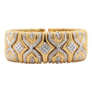 Retro 3 Carat Diamond Italian 18k Gold Vintage Cuff Bangle For Sale