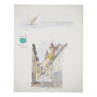 René Leverd, Switzerland, Staircase of Nyon Castle, Watercolor For Sale