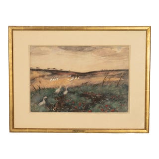 Impressionist Watercolor Gouache Landscape With Geese Painting by Pyotr Alexandrovich Nilus For Sale