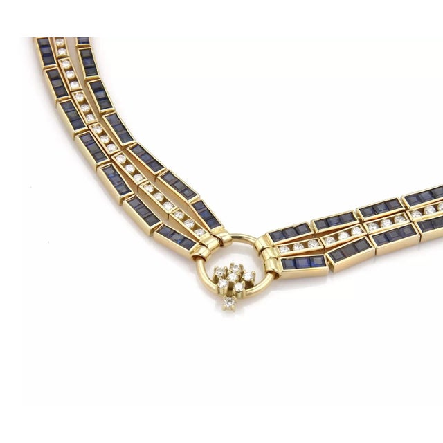 Contemporary Estate 54.60ct Diamond & Sapphire 18k Yellow Gold Fancy 3 Row Necklace For Sale - Image 3 of 5
