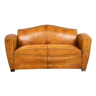 1920s French Art Deco Cognac Leather Club Sofa For Sale