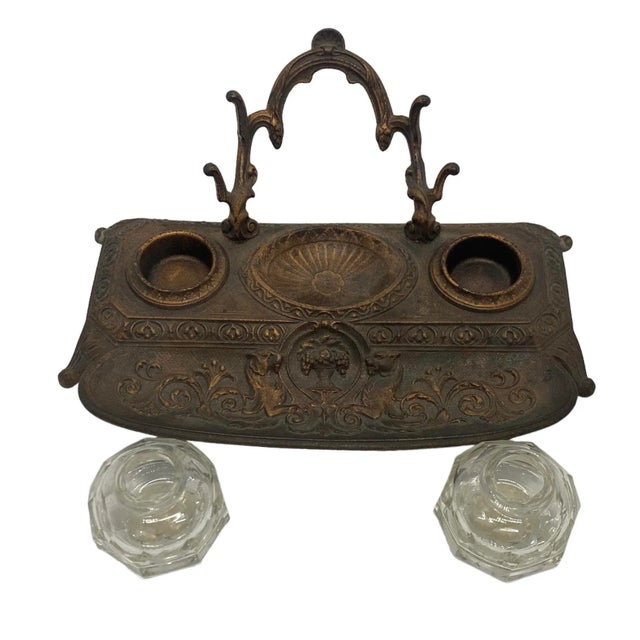 Metal Late 19th Century German Art Nouveau Heavy Bronze and Crystal Ink Well Stand Made by Fr Malchow Fct. With Lion Design For Sale - Image 7 of 13