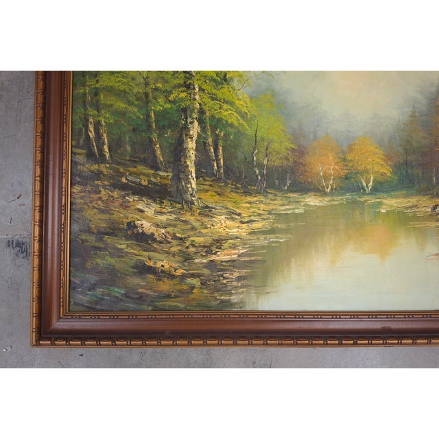 Dark Green American School, 20th Century River Side Landscape, Oil on Canvas, Framed For Sale - Image 8 of 12