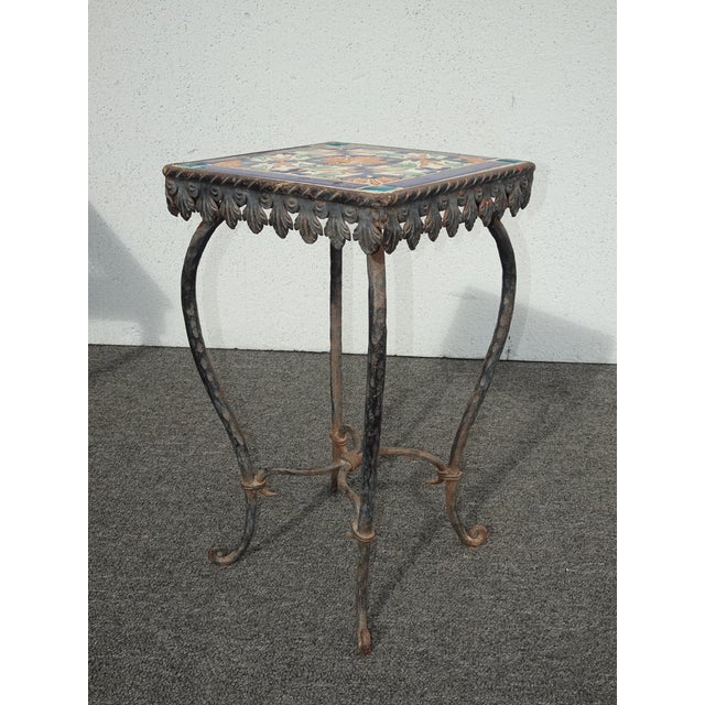 Vintage Spanish Revival Wrought Iron Side Table With Mosaic Tile Top For Sale - Image 4 of 12
