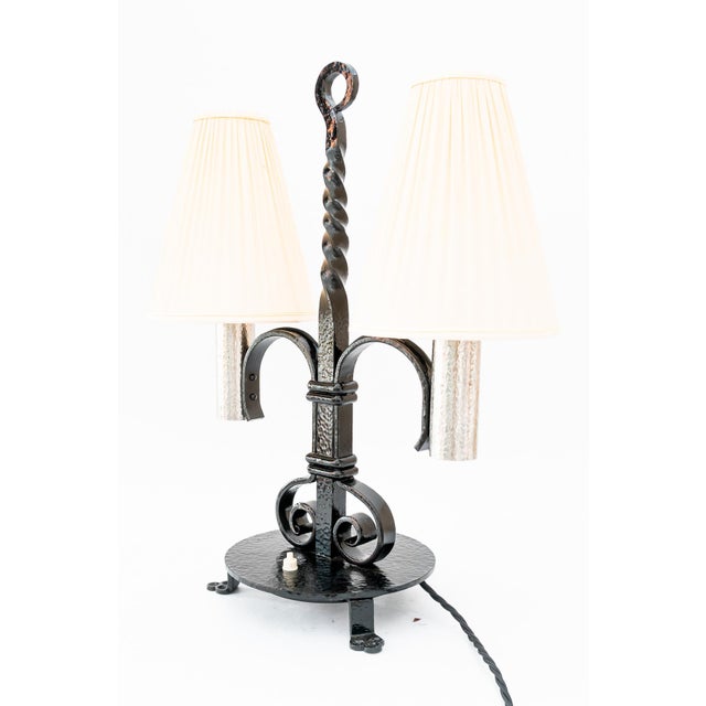 Art Deco Cast Iron Table Lamp with Fabric Shades, 1920s For Sale - Image 3 of 18