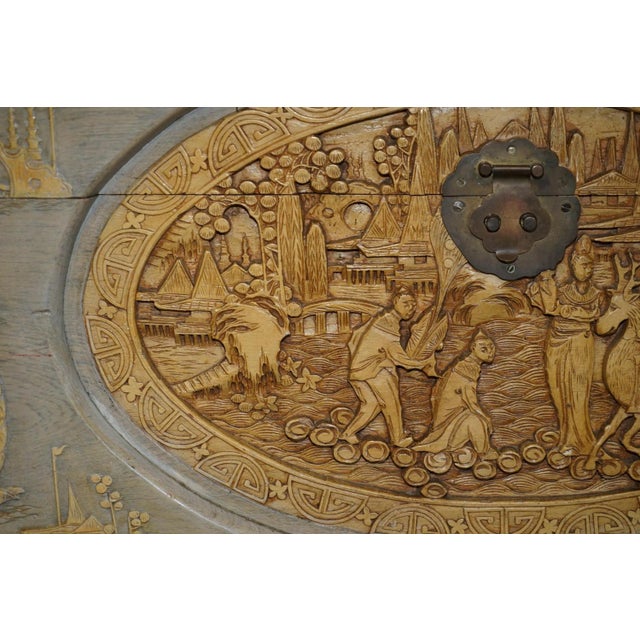 Antique Chinese Export Heavily Carved Camphor Wood Linen Toy Chest, 1920s For Sale - Image 4 of 18