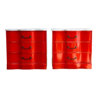 Marble Top Red Lacquered Serpentine Chests, a Pair For Sale