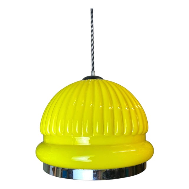 Large Space Age Yellow Opaline Ribbed Glass Dome Hanging Light, 1970s For Sale