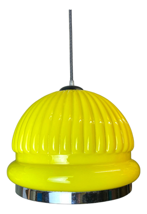 Large Space Age Yellow Opaline Ribbed Glass Dome Hanging Light, 1970s