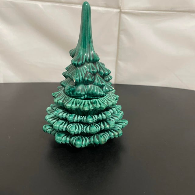 Vintage Ceramic Christmas Tree Stacking Ashtrays With Lighter 7” For Sale - Image 10 of 12