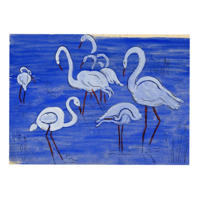 Jean Mary Ogilvie, Art Deco Stork Pattern Design in Blue, 1930s, Gouache For Sale