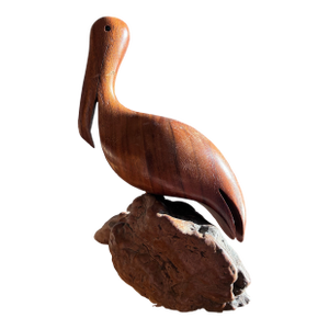 1980s Bruce Stamp Signed and Dated Walnut Carving of a Pelican on Wood.