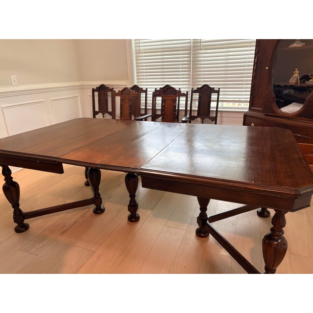 Jacobean 1920s Walnut Dining Set Table and 6 Chairs For Sale - Image 4 of 12