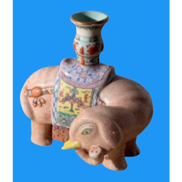 Pair of Chinese Export Famille Rose of Enameled Elephant Candlestick or Josh Sticks, Early 20th C. For Sale In Miami - Image 6 of 10