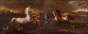Neapolitan School Artist, Landscapes with Equestrian Scenes, Oil Painting on Canvases, Set of 2