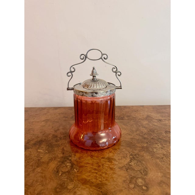 Antique Edwardian Cranberry Glass Biscuit Barrel, 1900 For Sale - Image 3 of 6