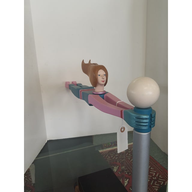 Postmodern 1987 JW Eaton Postmodern Pink and Blue Wooden Sculpture "Lamppost Flyer" For Sale - Image 3 of 7